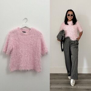 Pink Fuzzy Short Sleeve Sweater (L)